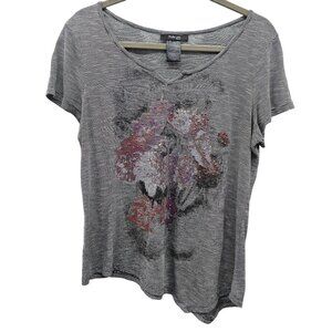 Style & Co Petite L/G Black & White Striped Floral Embellished Short Sleeve Top